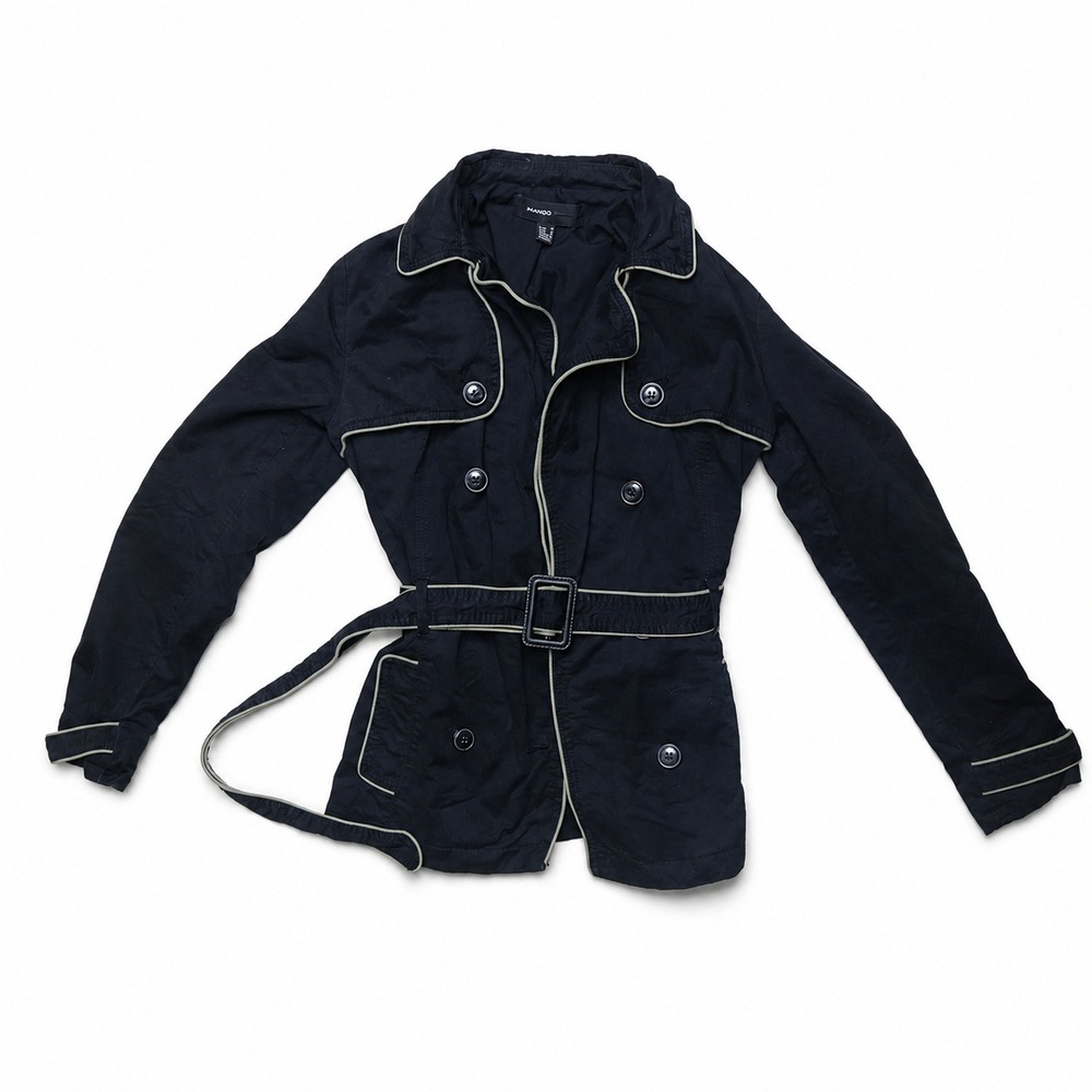 Mango Casual Black Belted Military Jacket Women's M Contrast Piping Trench